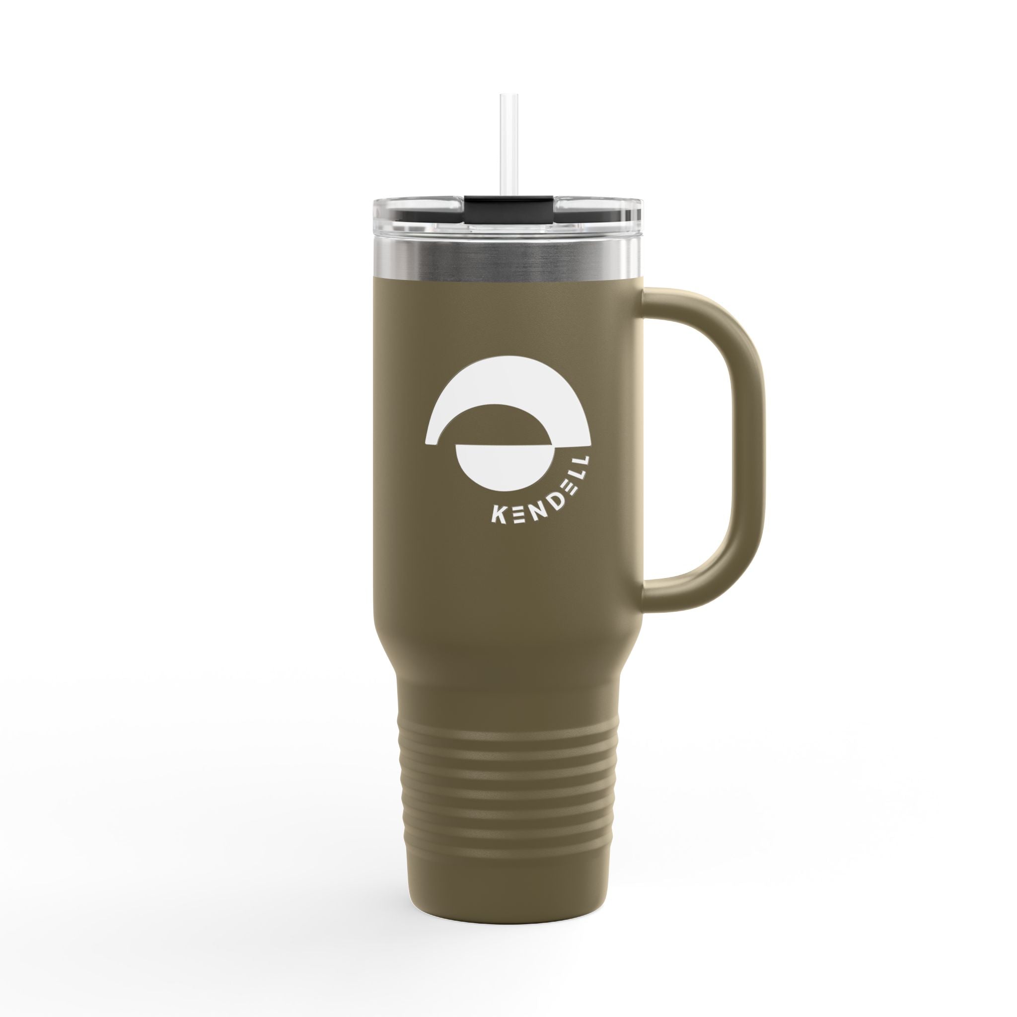 40oz Insulated Travel Mug — Black Stainless Tumbler with Straw & Handle, Custom KENDELL Logo