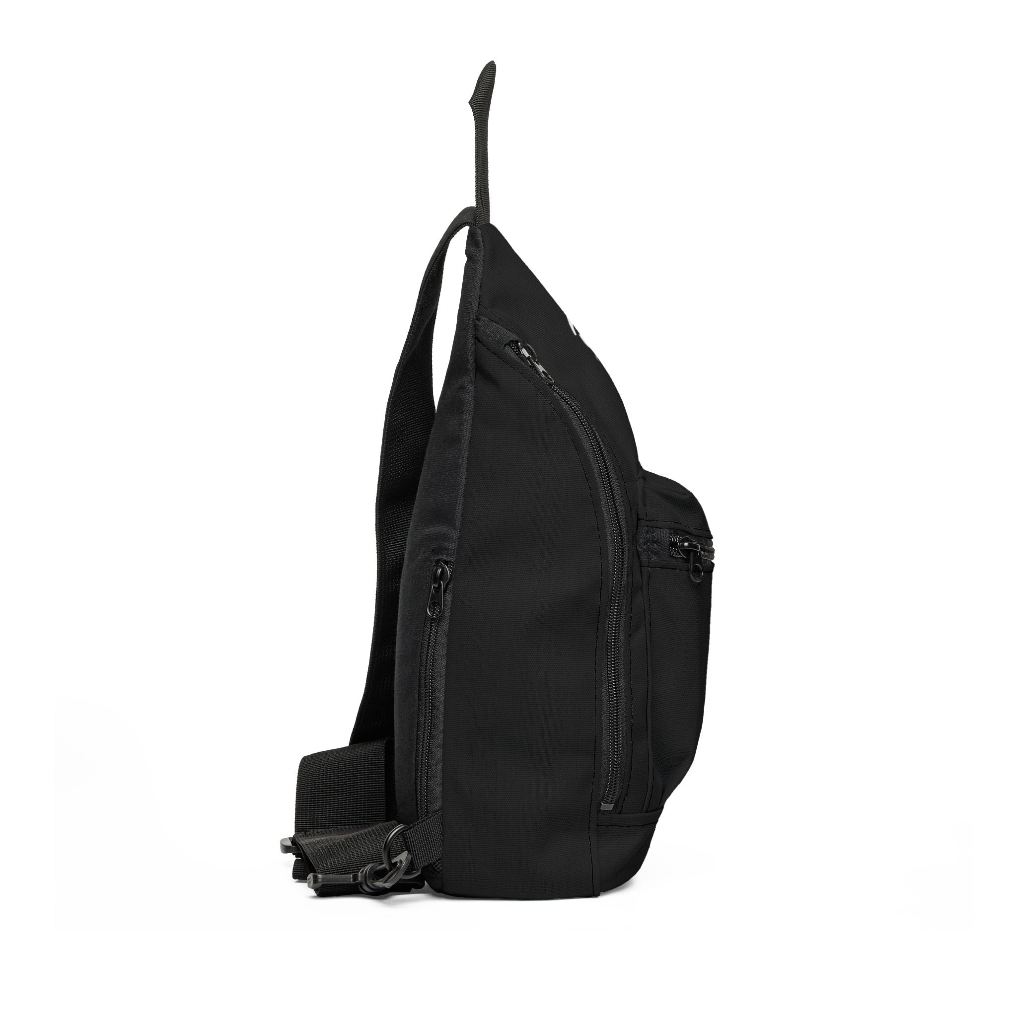 Black Minimalist Sling Bag with Subtle Crescent Logo — Compact Crossbody Pack