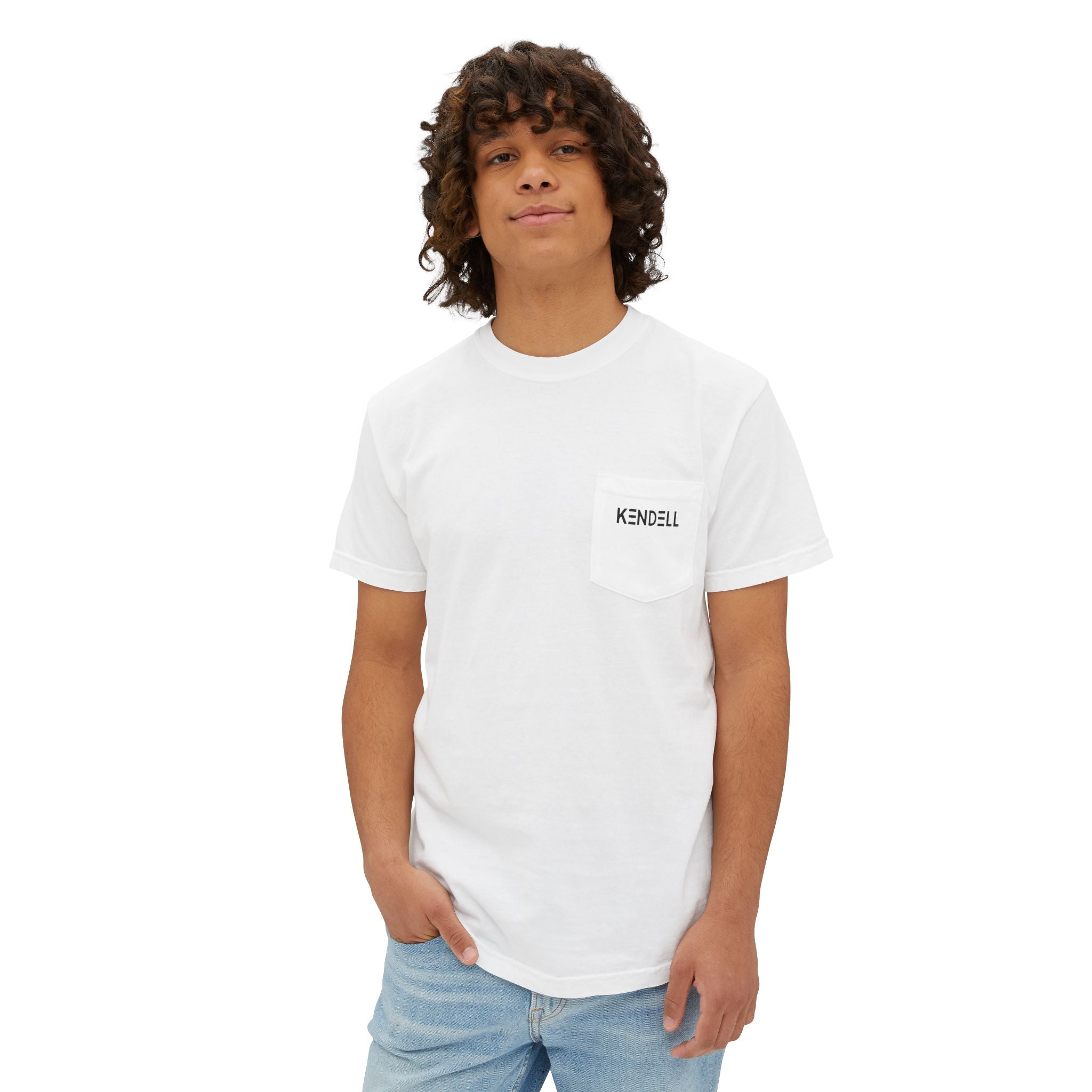 White KENDELL Tell Me T-Shirt | Minimal Abstract Logo Pocket Tee