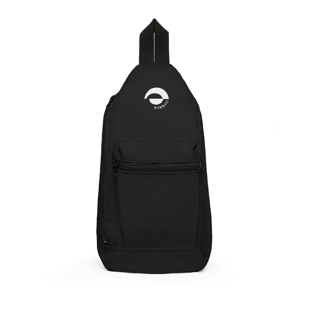 Black Minimalist Sling Bag with Subtle Crescent Logo — Compact Crossbody Pack