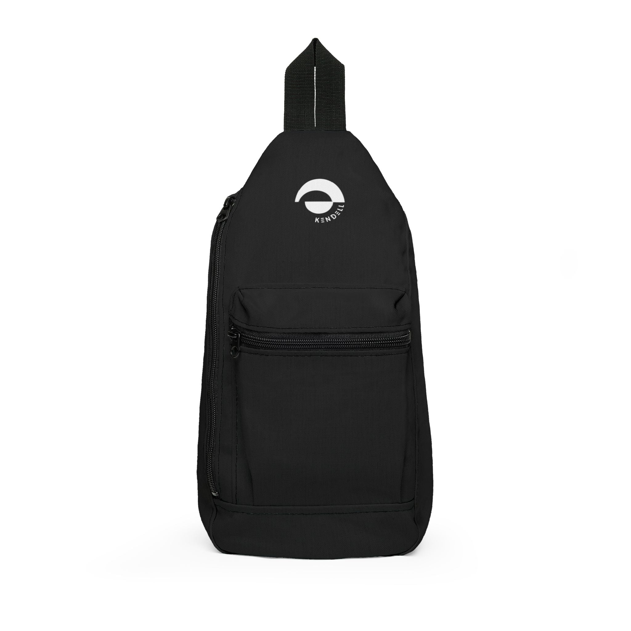 Black Minimalist Sling Bag with Subtle Crescent Logo — Compact Crossbody Pack