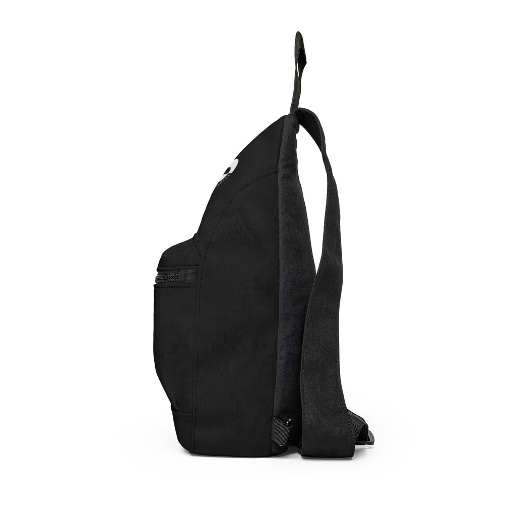 Black Minimalist Sling Bag with Subtle Crescent Logo — Compact Crossbody Pack