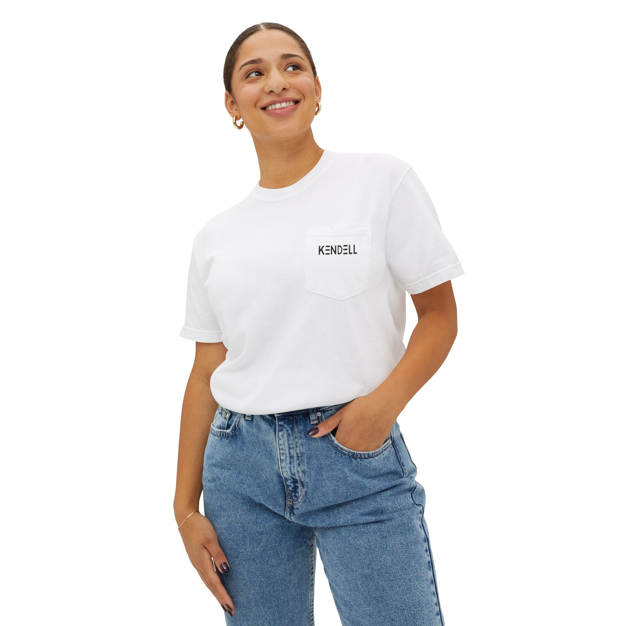 White KENDELL Tell Me T-Shirt | Minimal Abstract Logo Pocket Tee
