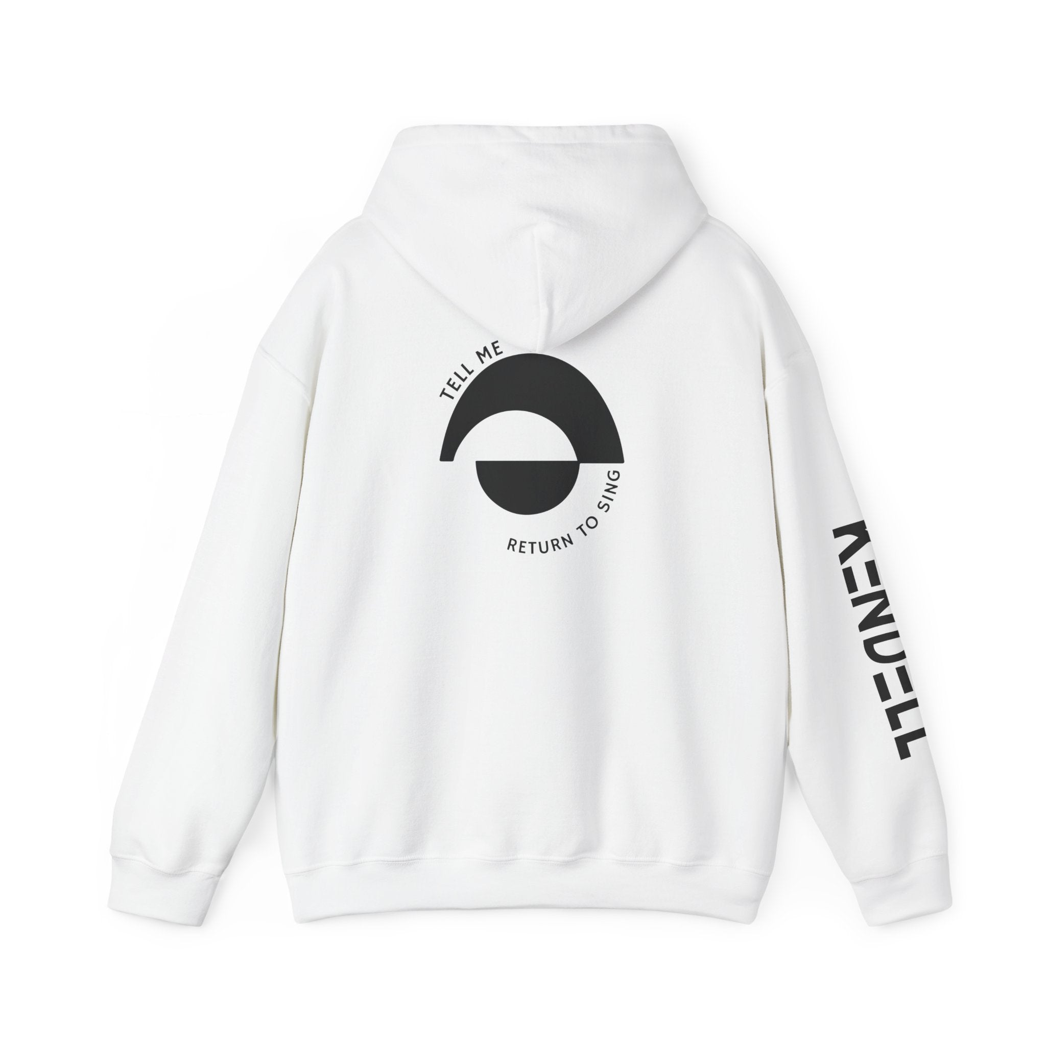 KENDELL | Tell Me Return to Sing | Hoodie | White hoodie with circular graphic and sleeve text
