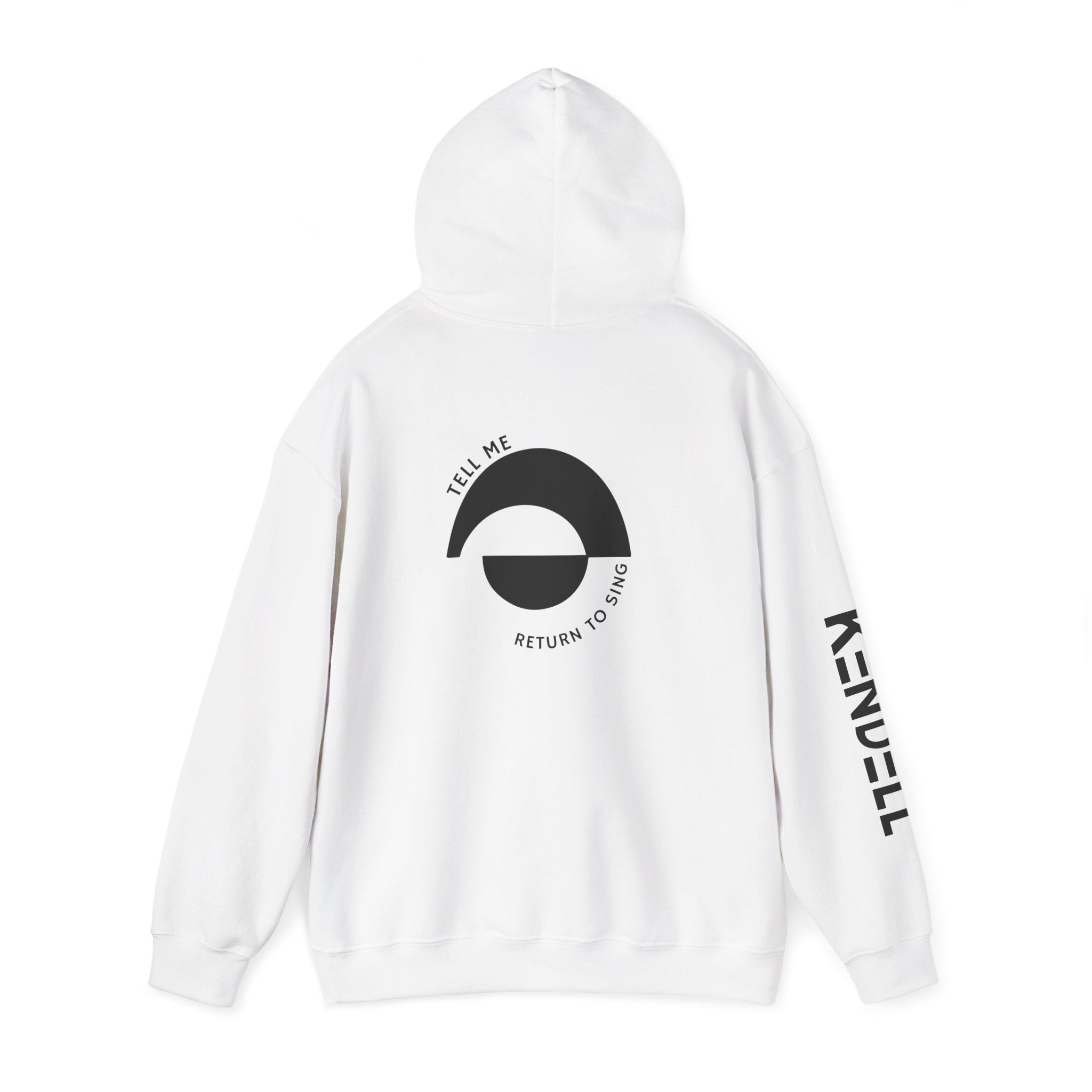 KENDELL | Tell Me Return to Sing | Hoodie | White hoodie with circular graphic and sleeve text