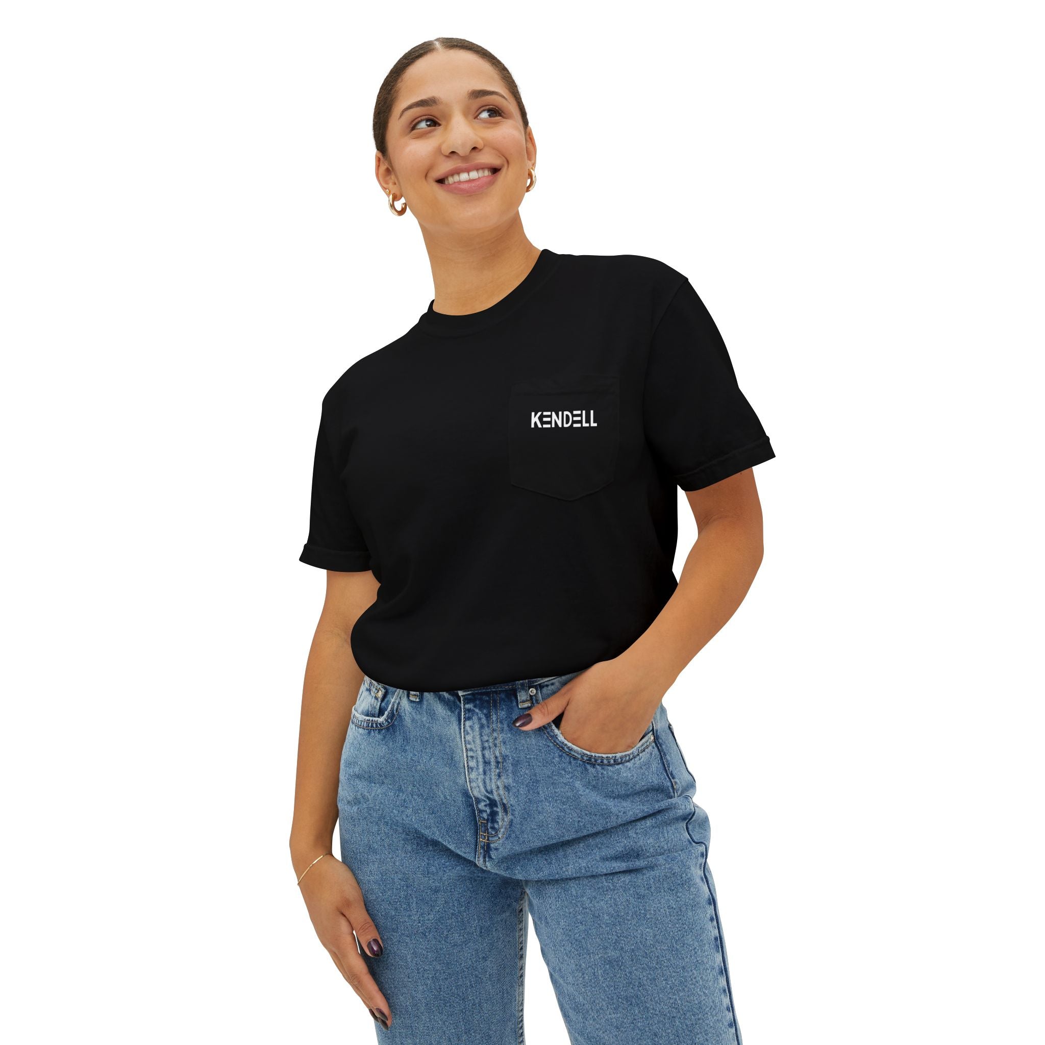 Black KENDELL Tell Me T-Shirt | Minimal Abstract Logo Pocket Tee